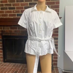 Lane  Bryant Button Down‎ Blouse white Size 14 Belted with Shoulder Pads Used